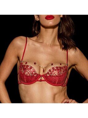 Honey Birdette Ruby Sheer Lace Underwire Bra Raspberry Red 34H Gold Chain NWT